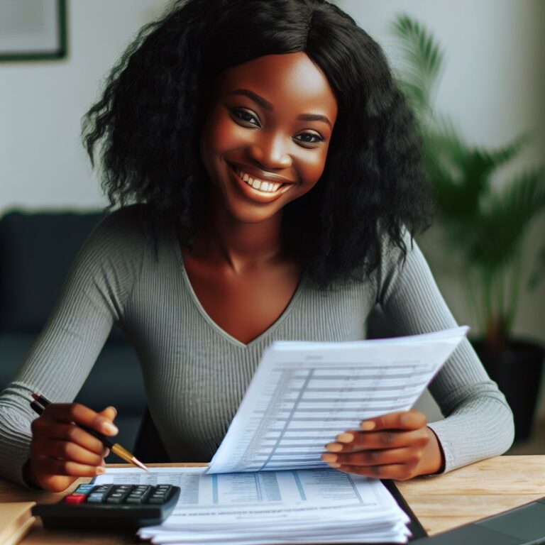 Smiling accountant reviewing employment tax documents
